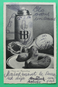 AK Gruss aus Regensburg / 1937 / Hofbräu Regensburger Radi Brezn Bierkrug / Bahnpost Stempel